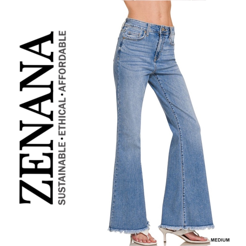 ✨NEW!✨ ZENANA | High Rise Medium Wash Bell-Bottom Frayed Hem Jeans
